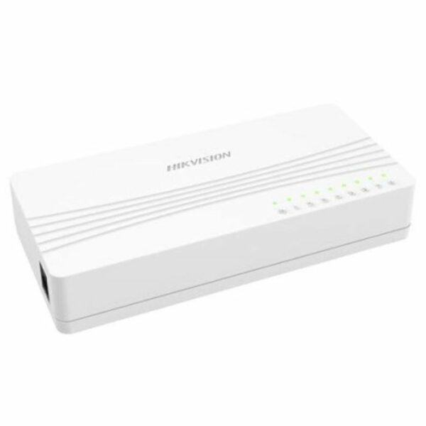 Switch De Bureau HIKVISION  Nombre de ports: 8 ports   Normes Réseau: 10/100 Mbps   Capacité de commutation: 1,6 Gbit/s   Taux de transfert de paquets: 1,1904 Mpp/s  Température de stockage : -40°C~70°C   Humidité D'exploitation: 10 % ~ 90 % HR sans condensation   Source De Courant: 5 V CC, 0,6 A   Mode De Transfert: Stocker et transférer   Interface Standard: IEEE 802.3, IEEE 802.3u, IEEE 802.3x    Prend en charge ADI/ADIX  Commutation Store-and-Forward  Prend en charge l'apprentissage automatique et le vieillissement des adresses MAC  Conception de corps simple et compacte  Prend en charge le montage sur bureau et au mur   Connecteurs: Ports RJ45   Dimensions: 124 × 59 × 23.2 mm  Poids: 0.041 kg  Couleur: Blanc